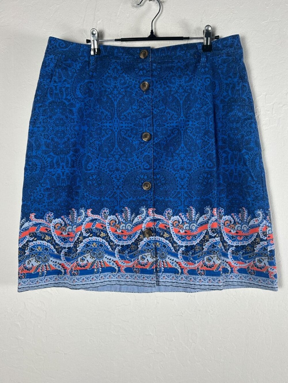 Lands End Womens Blue Paisley Button-Front Skirt Size 14 Knee-Length Stretch